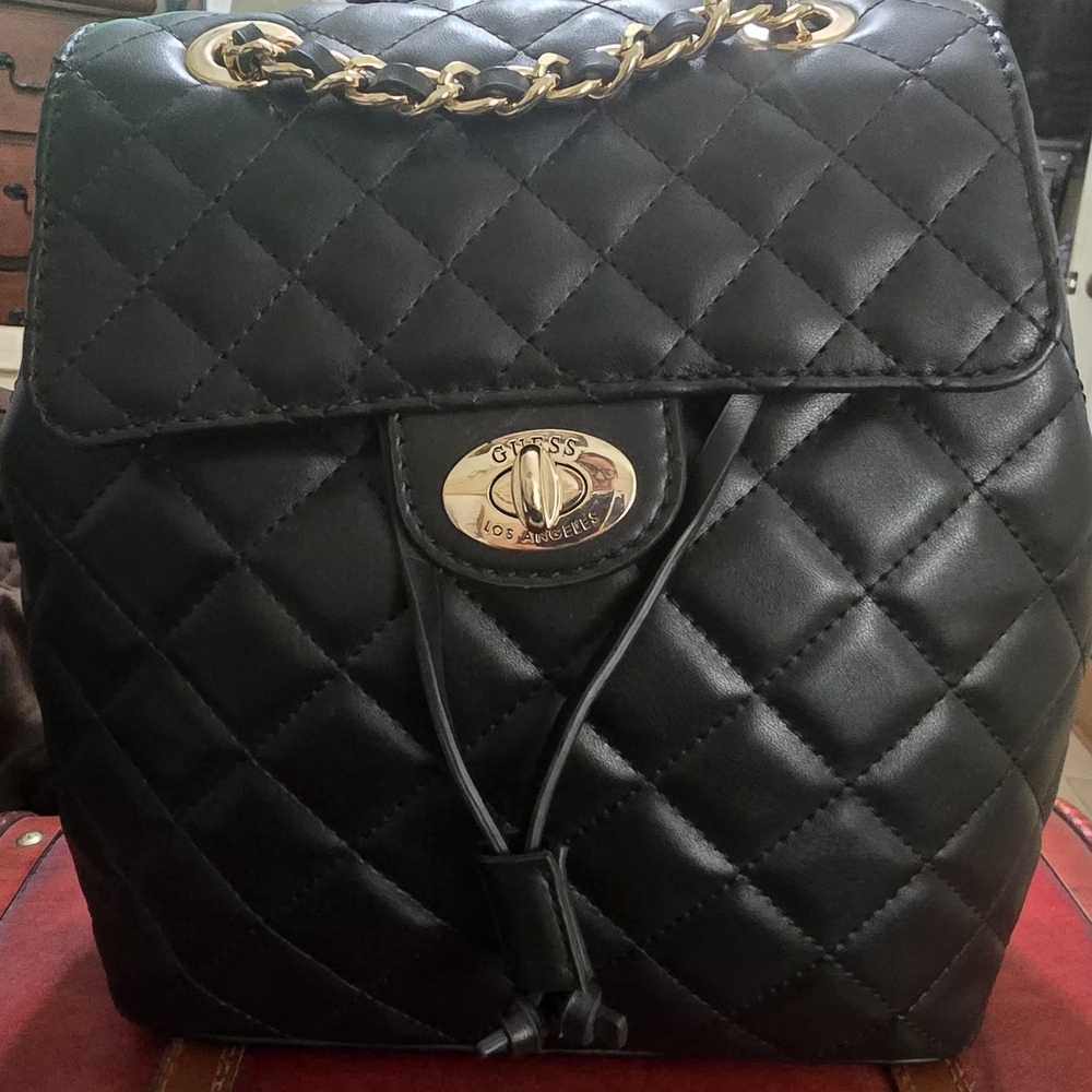 GUESS Quilted Black Backpack with Gold Chain & Turn-Lock